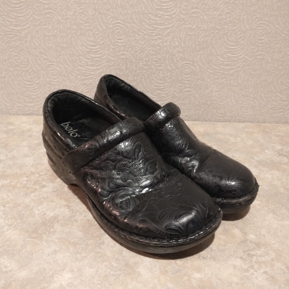 BOLO black embossed slip on nursing cook clog mule shoes size 10/40